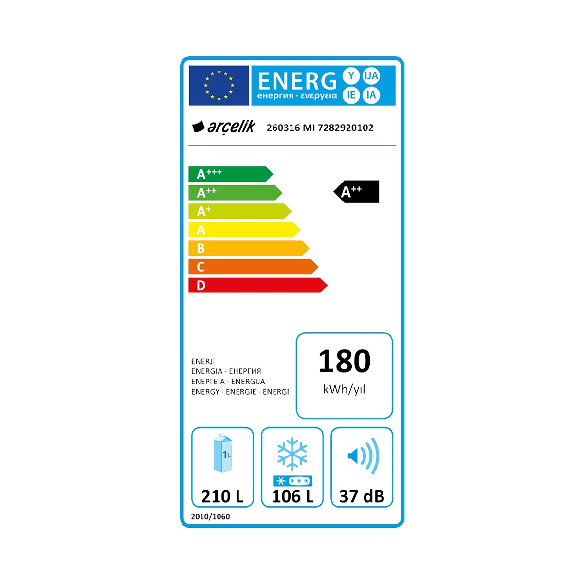 Arcelik enerji etiketi: 180 kWh/yıl, 210L buzdolabı, 106L dondurucu, 37dB.