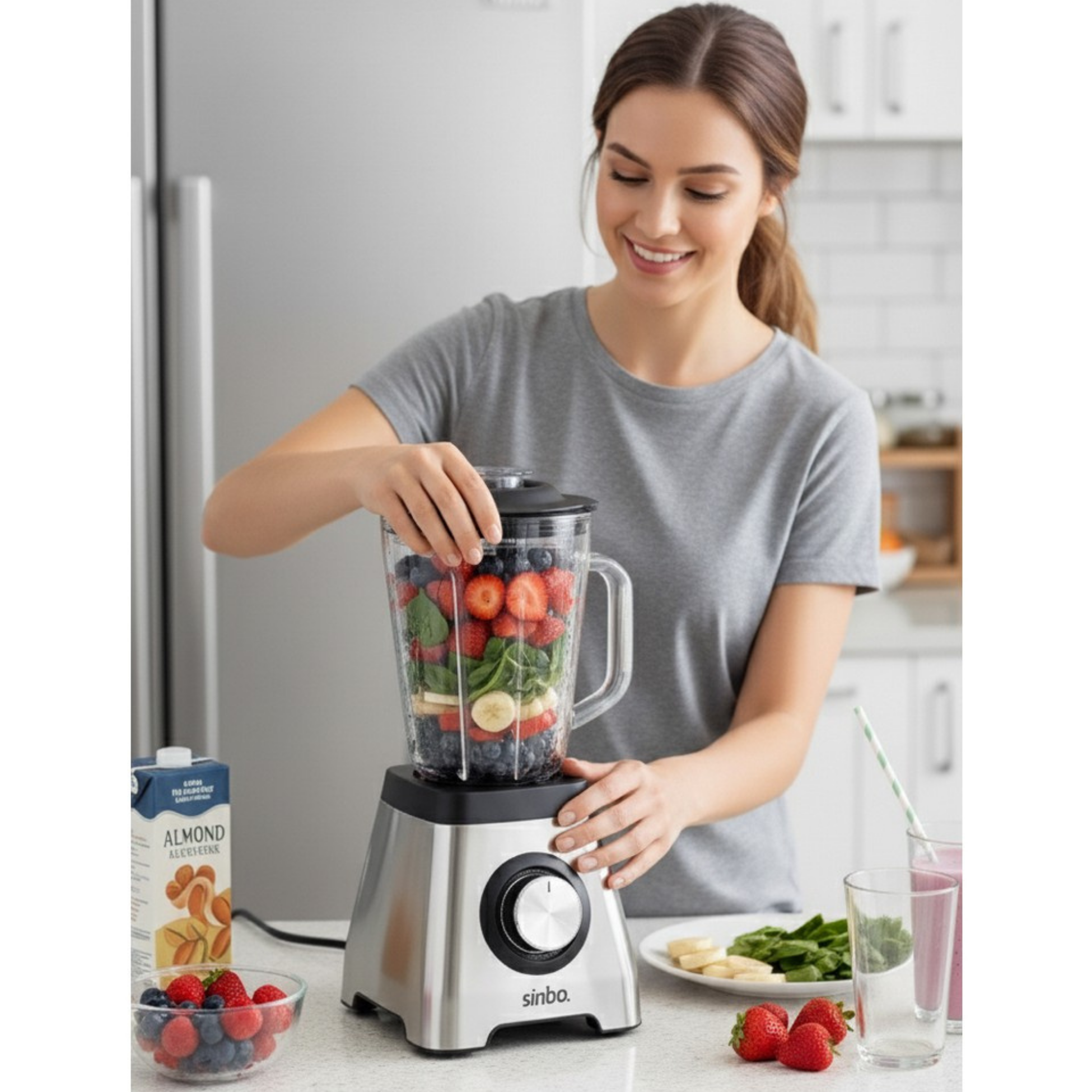 Gri tişörtlü bir kadın, meyve ve ıspanakla blenderda smoothie hazırlıyor.