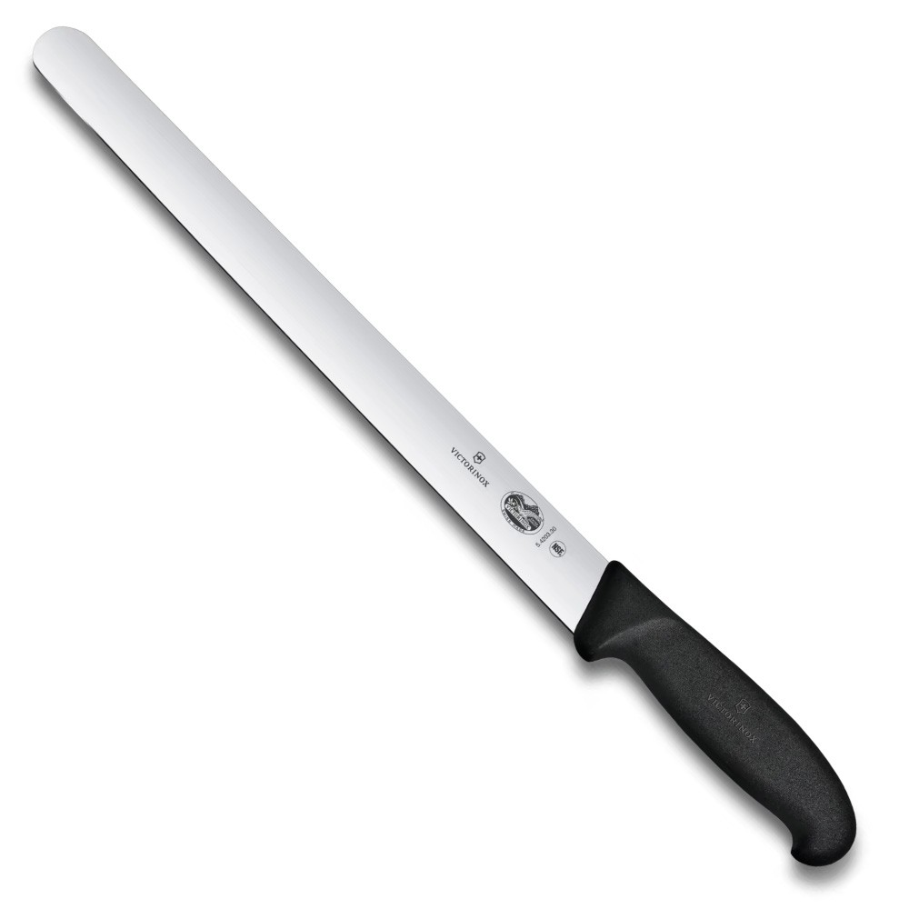 Siyah saplı uzun, ince bir Victorinox ekmek bıçağı.