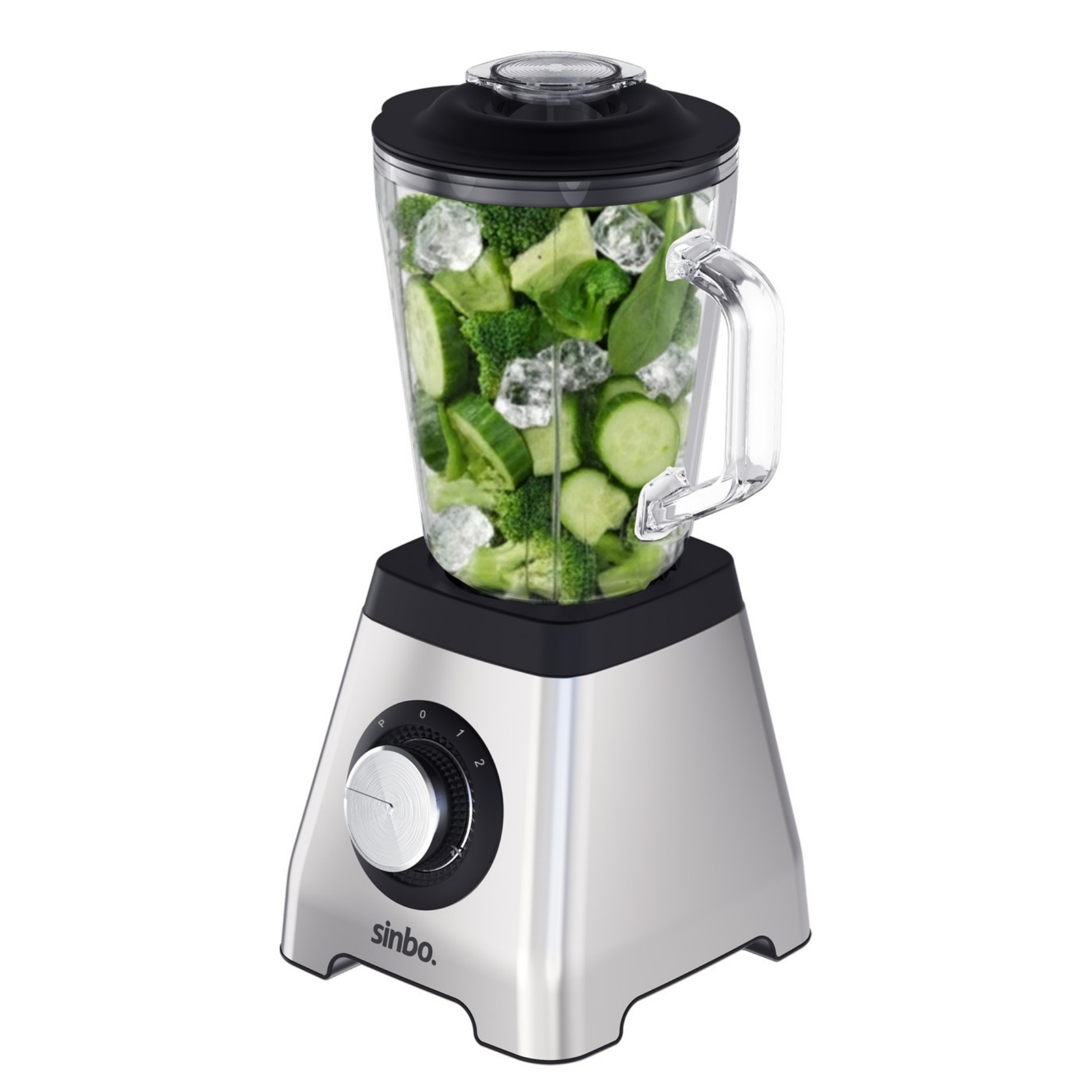 Brokoli, salatalık ve buz küpleriyle dolu, siyah kapaklı gümüş blender.