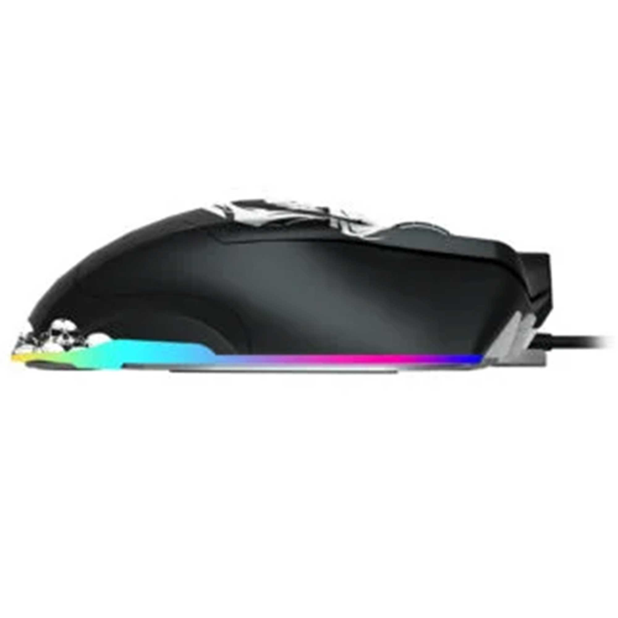 Yan tarafında RGB aydınlatmalı ve kurukafa detaylı siyah oyuncu faresi.