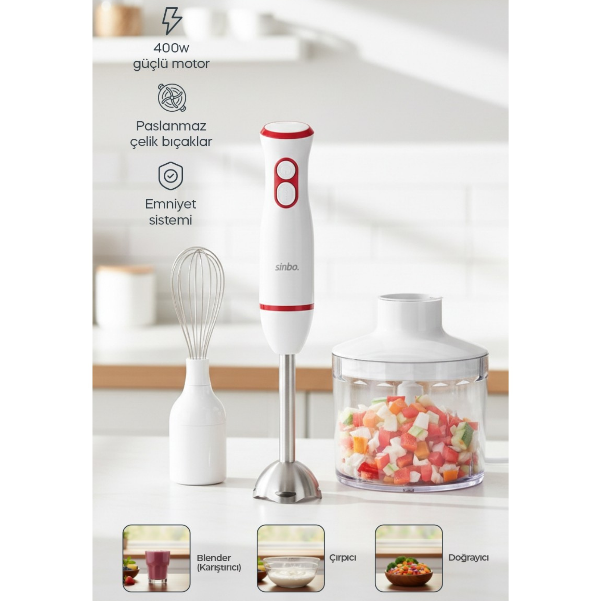 SINBO SHB-7530 Çok Fonksiyonlu Doğrayıcı Çırpıcı Aparatlı 400 W El Blender Seti Beyaz