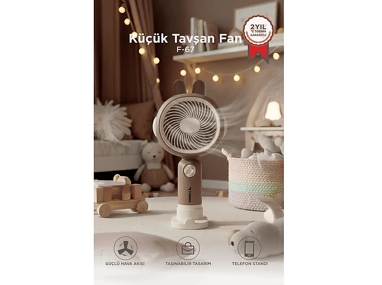 TORIMA F67 Telefon Standlı 3 Kademeli Tavşan Figürlü Masa Fanı Şarjlı El Vantilatörü Kahverengi