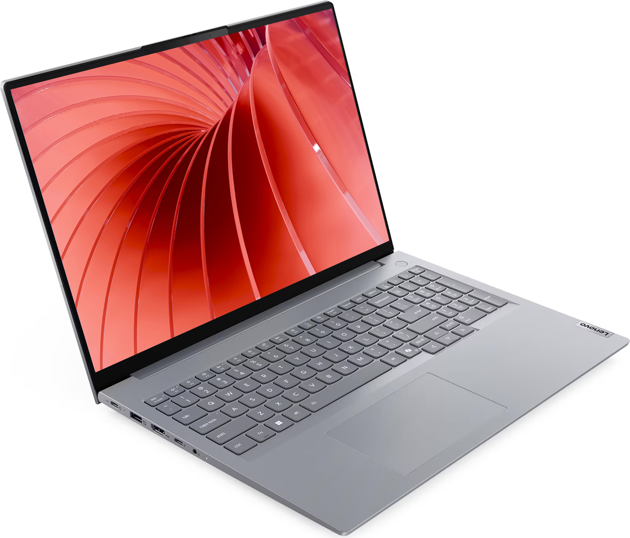 Ekranında kırmızı soyut duvar kağıdı bulunan gri bir Lenovo dizüstü bilgisayar.