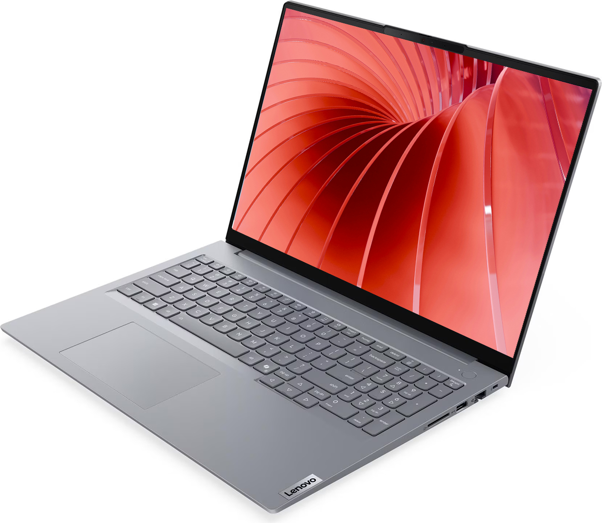 Gri bir Lenovo dizüstü bilgisayar ekranında kırmızı, dönen bir arka plan gösteriyor.