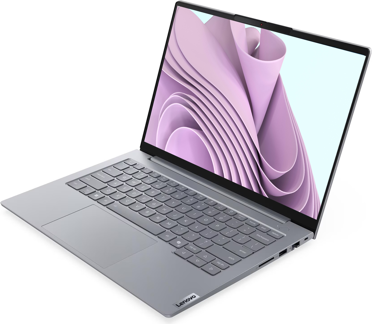Gümüş rengi Lenovo dizüstü bilgisayar açık, ekranda mor soyut duvar kağıdı görünüyor.
