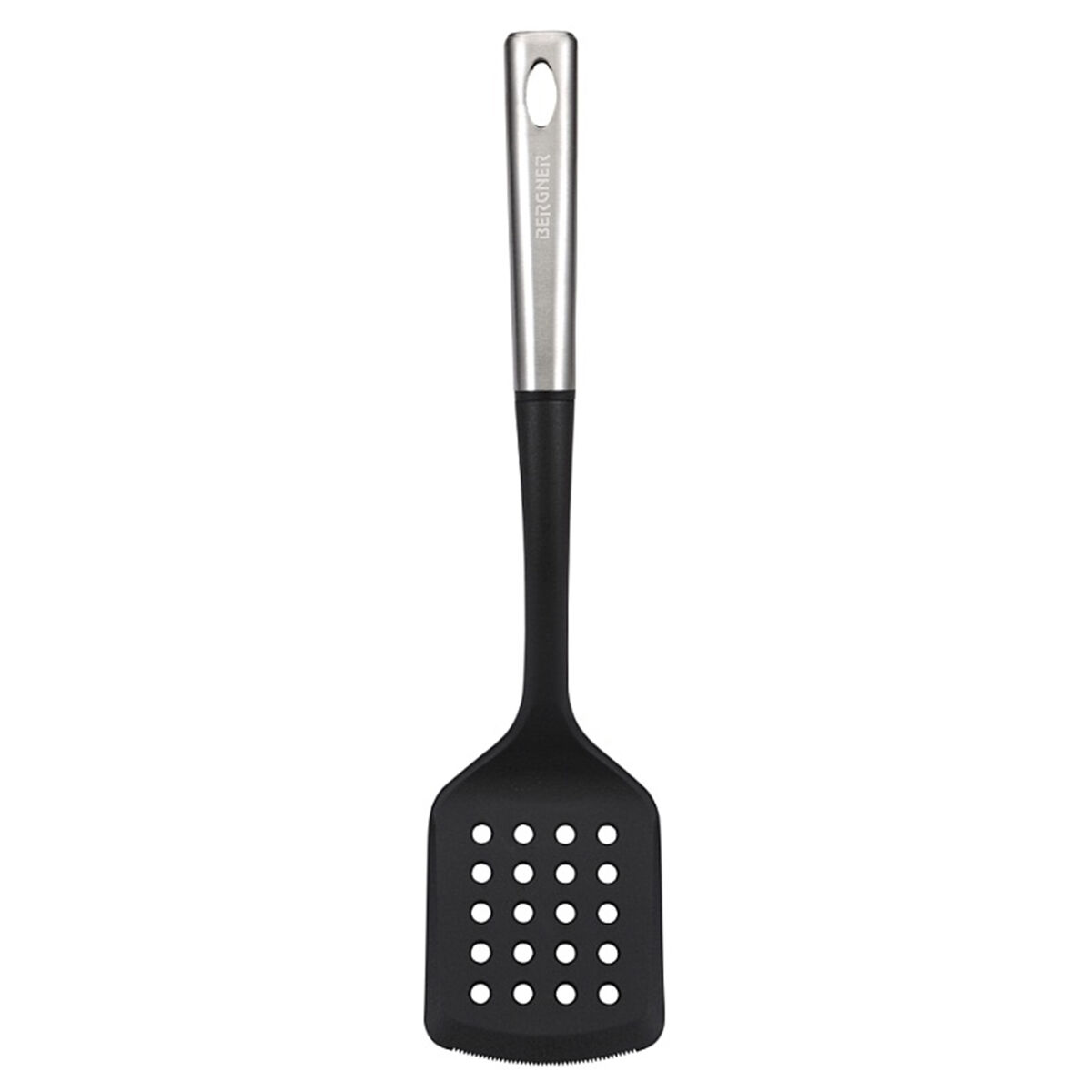 Asılı delikli, gümüş saplı, siyah, delikli spatula.