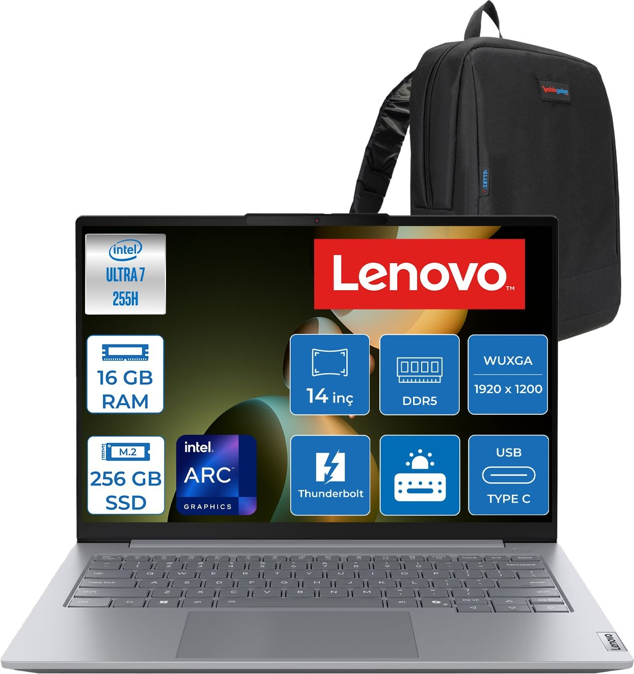 LENOVO ThinkBook 14 G8 IAL DDR5 IPS 21SJ007ATXF01 Intel Core Ultra 7 255H 16 GB RAM 256 GB SSD 14 inç FreeDOS Laptop+Çanta Gri