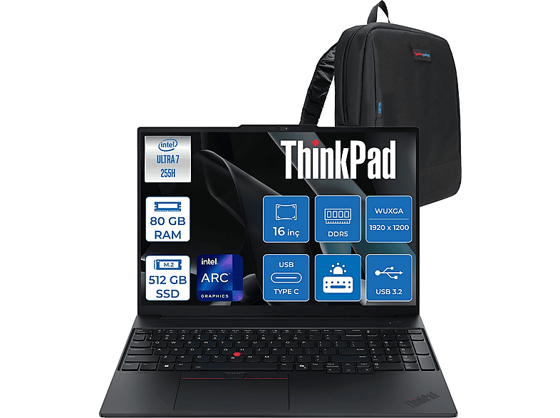LENOVO ThinkPad E16 Gen 3 DDR5 WUXGA IPS 21SR006RTXF32 Intel Core Ultra 7 255H 80 GB RAM 512 GB SSD 16 inç FreeDOS Laptop+Çanta Siyah