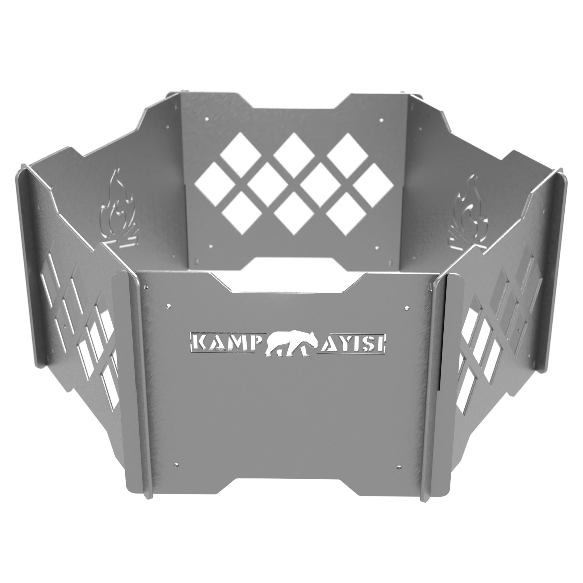 Yan desenleri ve logosu olan sekizgen, gümüş metal ateş çukuru.