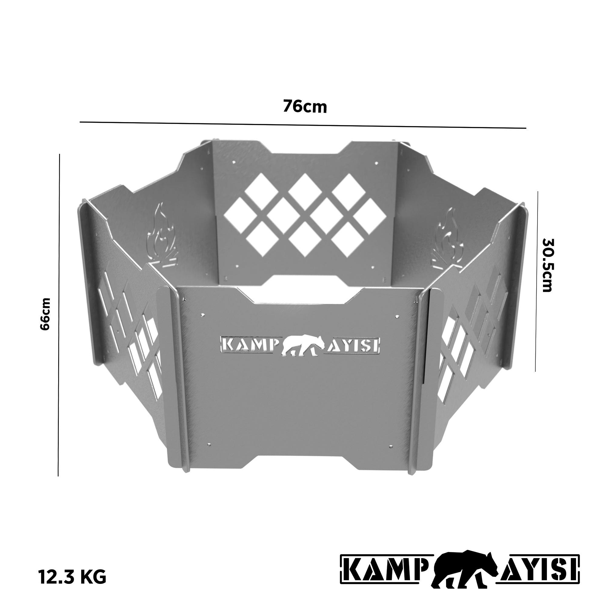 Kesikli ve logolu gri sekizgen metal ateş çukuru. Boyutlar 76x66x30.5cm, 12.3kg.