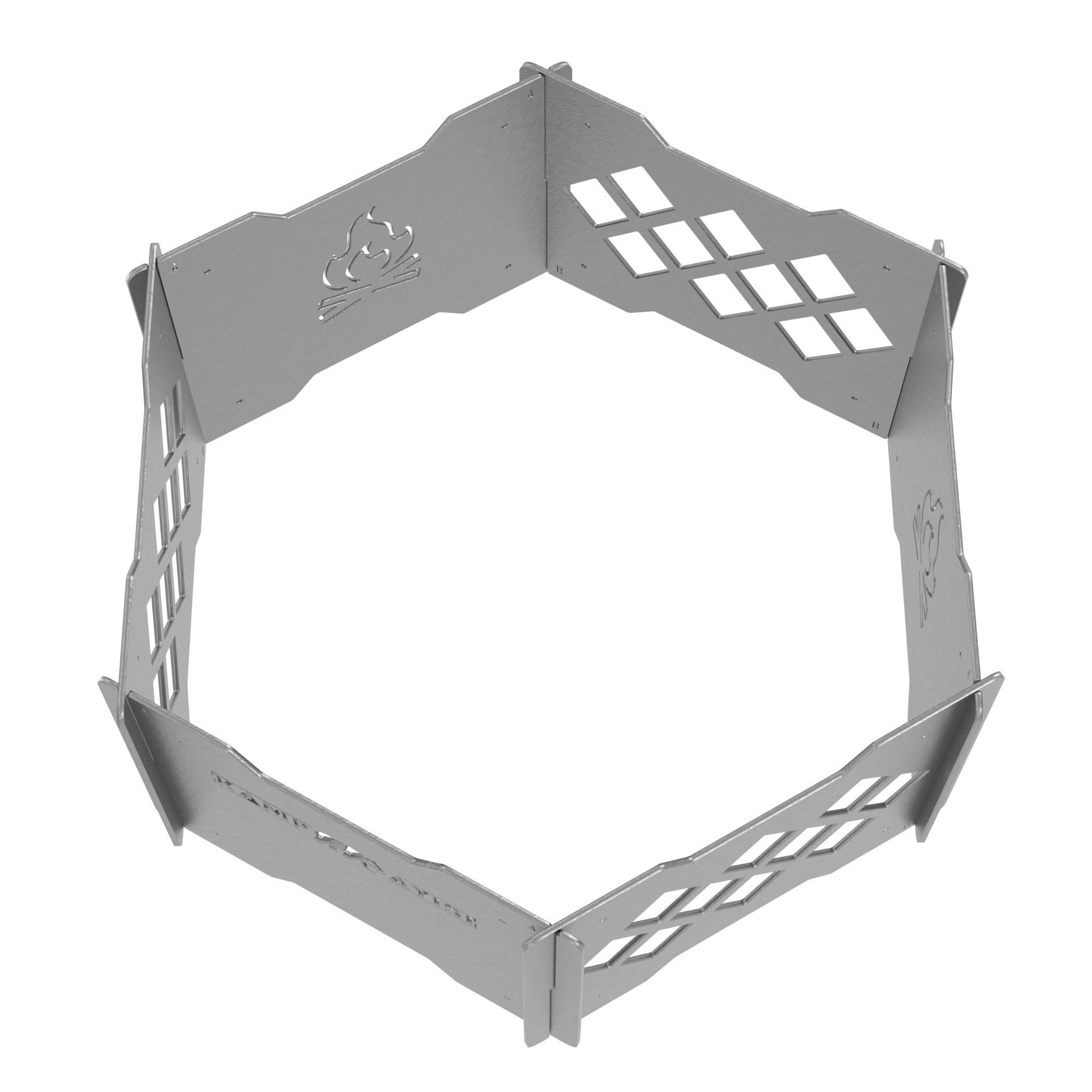 Altıgen, gümüş metal ateş halkası, ızgara desenli ve alev motifli.