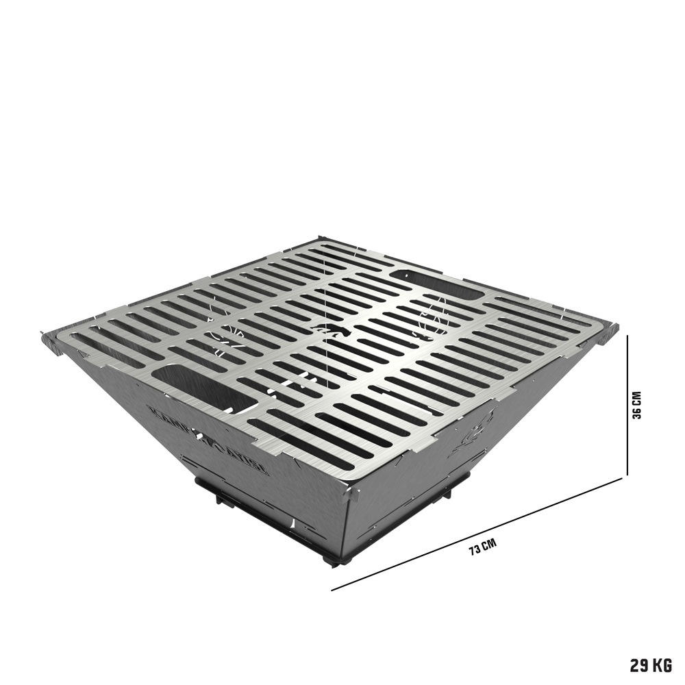 Kare, gümüş metal ızgara, çıtalı üst ve boyutları gösteren bantlı.