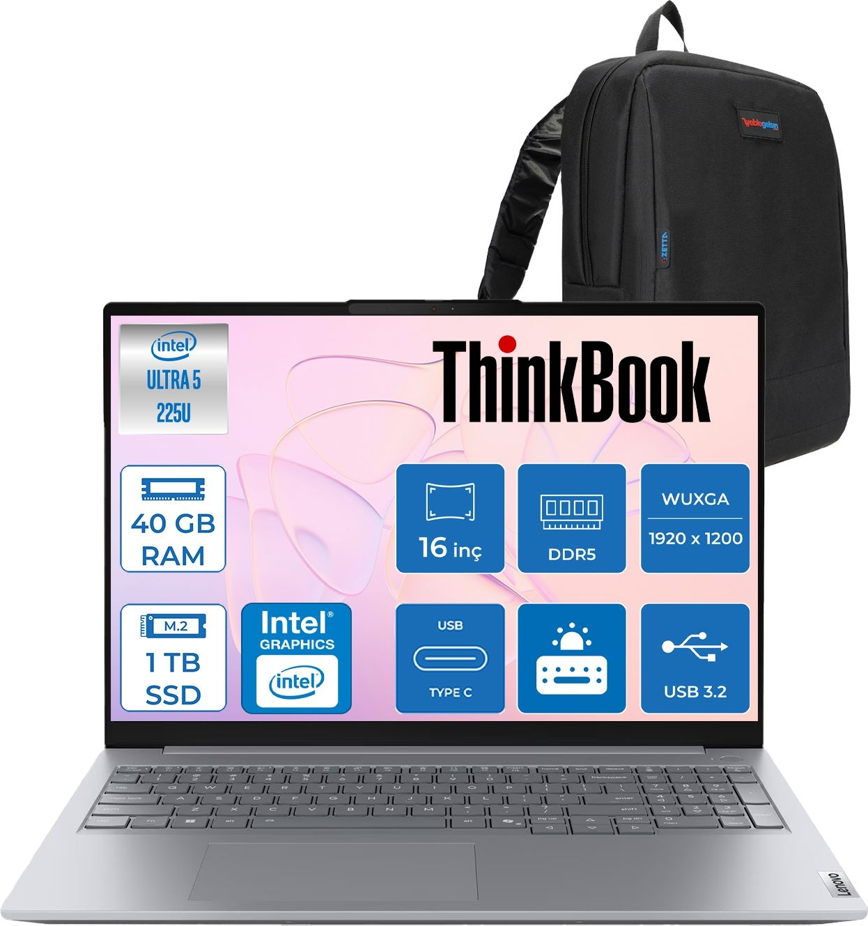 LENOVO ThinkBook 16 G8 IAL DDR5 WUXGA IPS 21SK007VTXF24 Intel Core Ultra 5 225U 40 GB RAM 1 TB SSD 16 inç FreeDOS Laptop+Çanta Gri