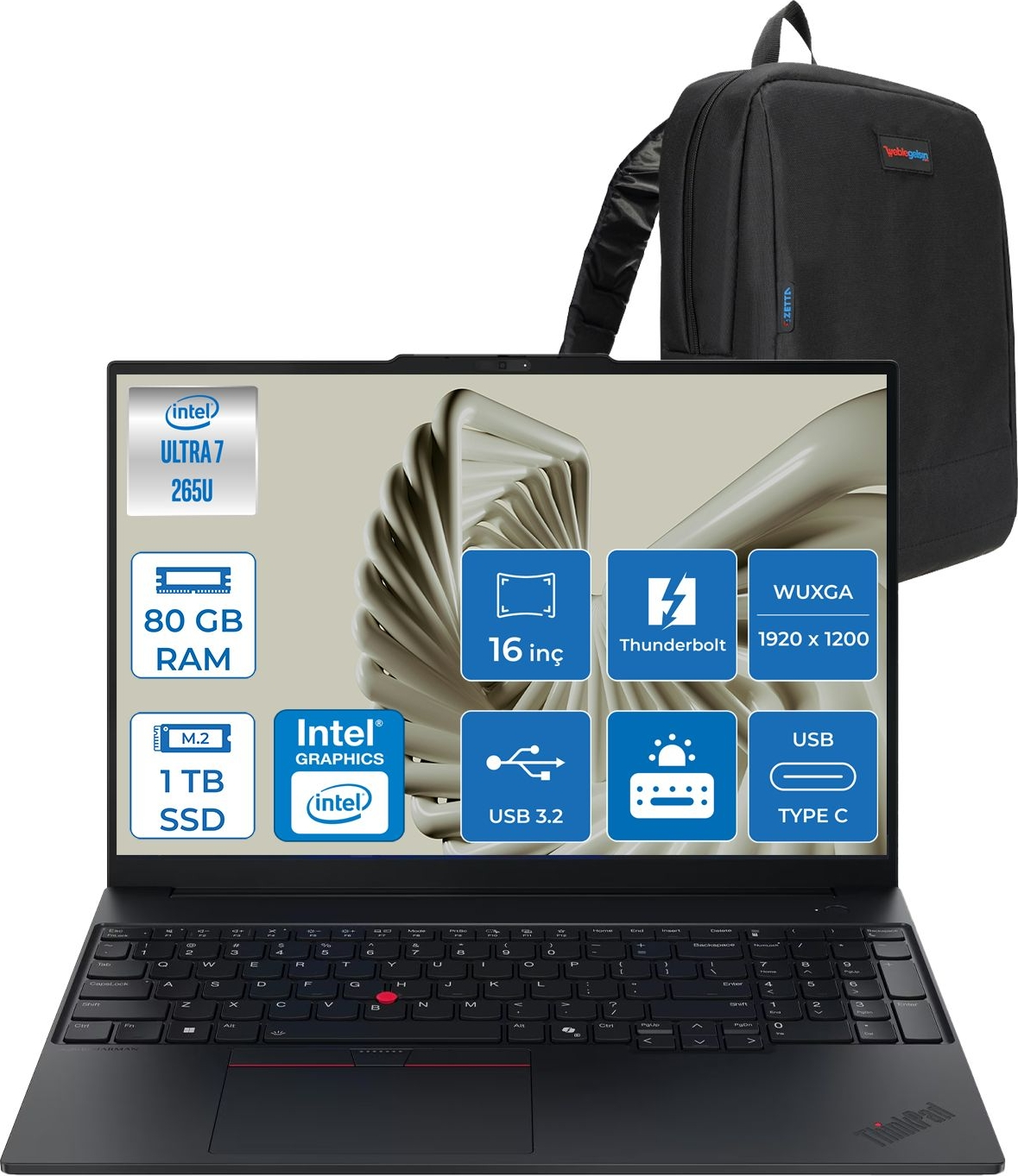 LENOVO ThinkPad E16 Gen 3 DDR5 WUXGA IPS 21SR0076TXF33 Intel Core Ultra 7 265U 80 GB RAM 1 TB SSD 16 inç FreeDOS Laptop+Çanta Siyah