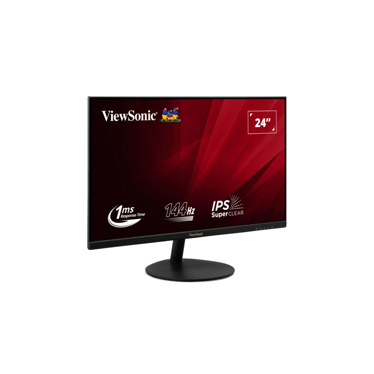 Un monitor ViewSonic nero da 24 pollici con tempo di risposta di 1ms e 144Hz.