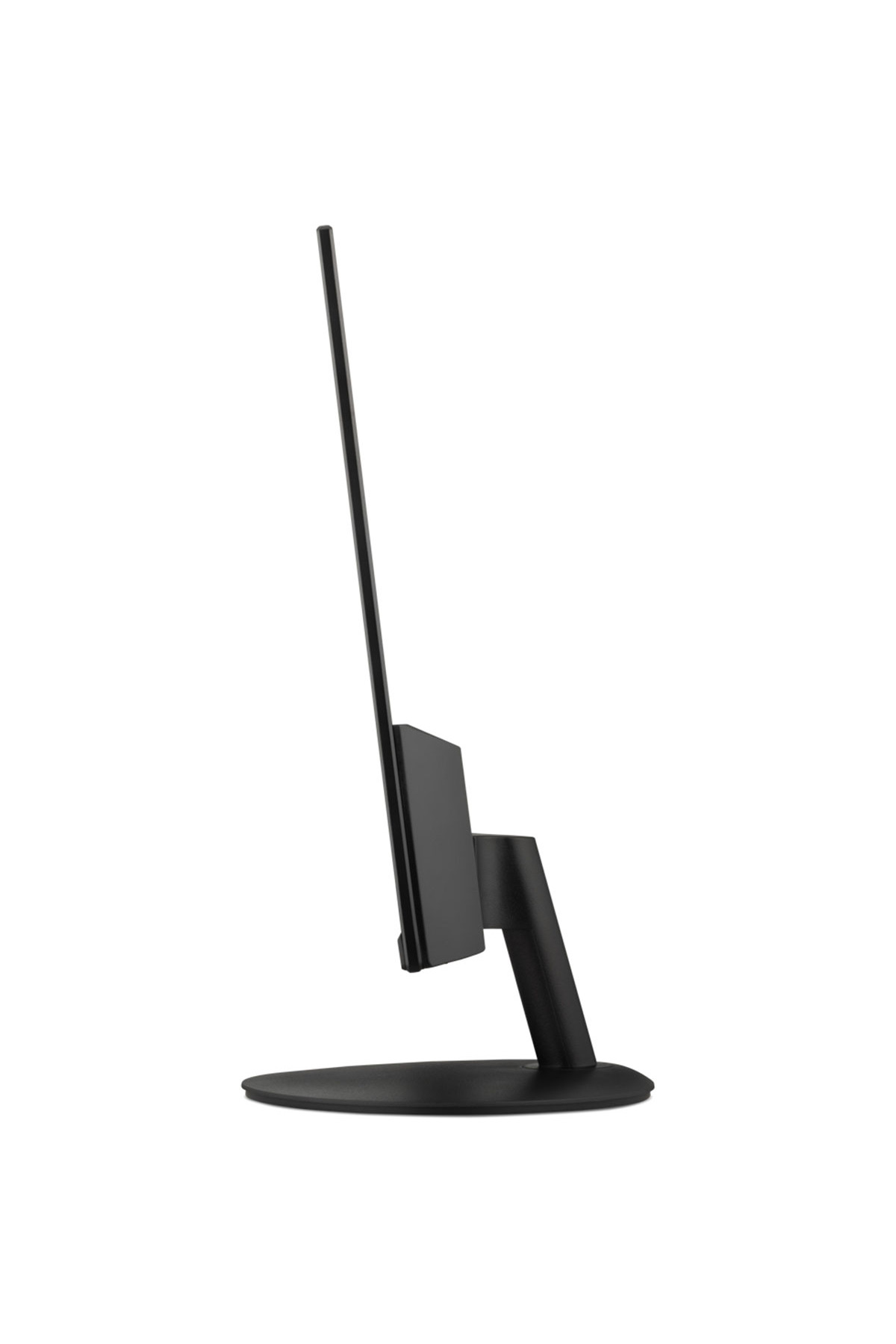 Un monitor nero con supporto sottile su sfondo bianco.