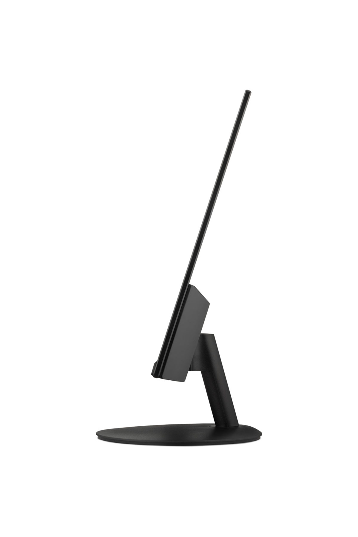 Monitor per computer nero con profilo sottile su supporto rotondo, vista laterale.
