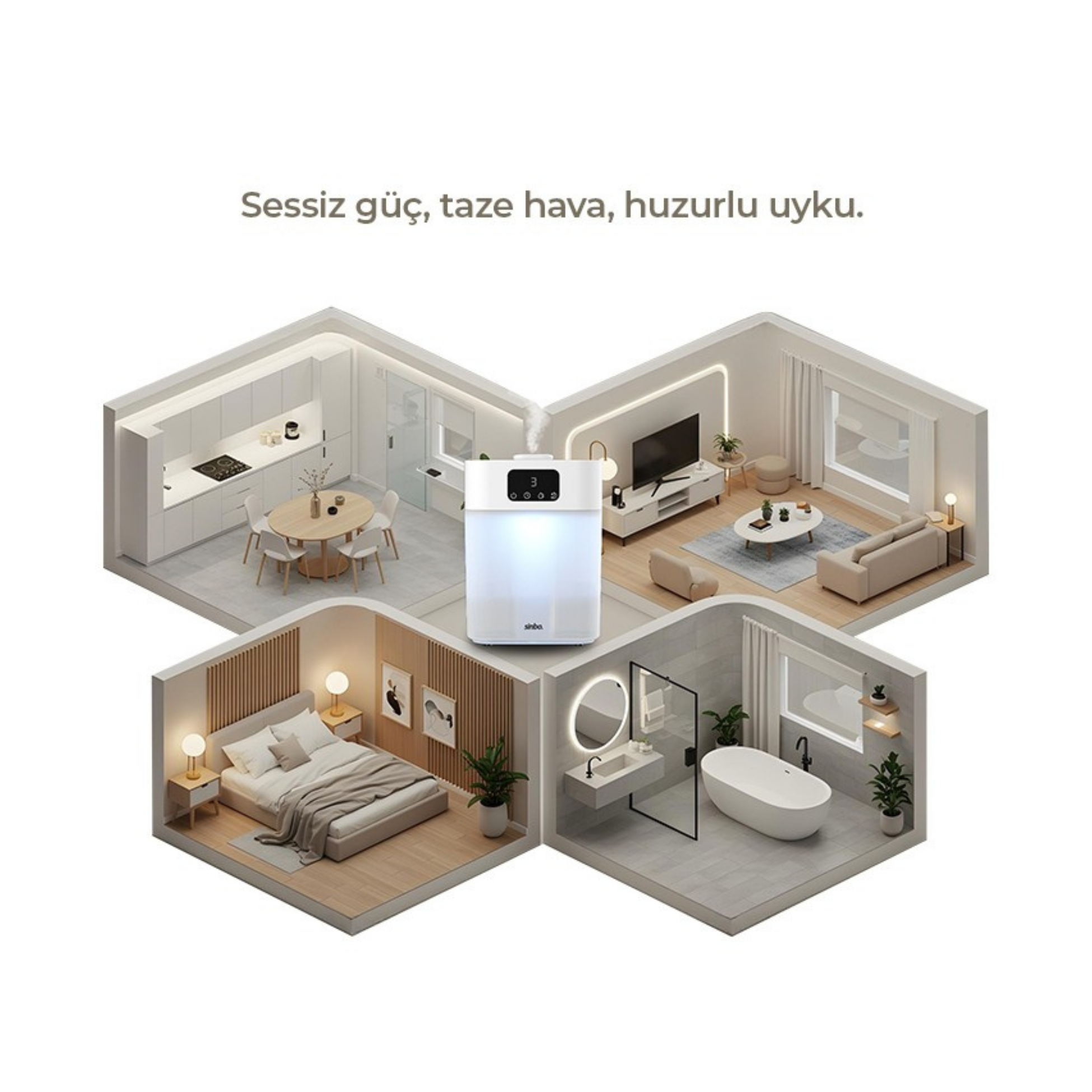 Ortadaki nemlendirici, mutfak, oturma odası, yatak odası ve banyo gibi alanları aydınlatıyor.