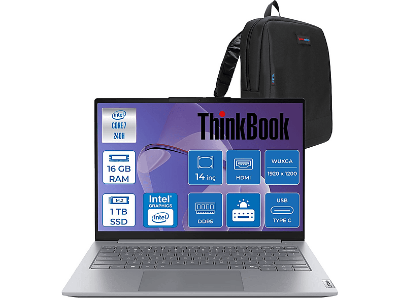 LENOVO ThinkBook 14 G8 DDR5 WUXGA IPS 60Hz 21SG008LTXF02 Intel Core 7 240H 16 GB RAM 1 TB SSD 14 inç FreeDOS Laptop+Çanta Gri