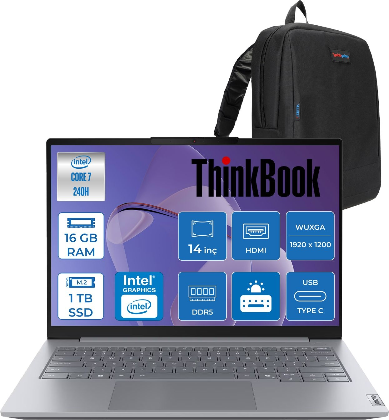 LENOVO ThinkBook 14 G8 DDR5 WUXGA IPS 60Hz 21SG008LTXF02 Intel Core 7 240H 16 GB RAM 1 TB SSD 14 inç FreeDOS Laptop+Çanta Gri