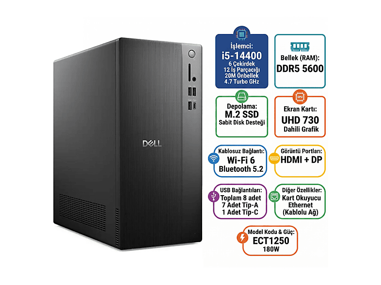 DELL Tower ECT1250 ECT1250_RPLSR003_U Intel Core i5-14400 16 GB RAM 512 GB SSD Ubuntu Masaüstü Bilgisayar