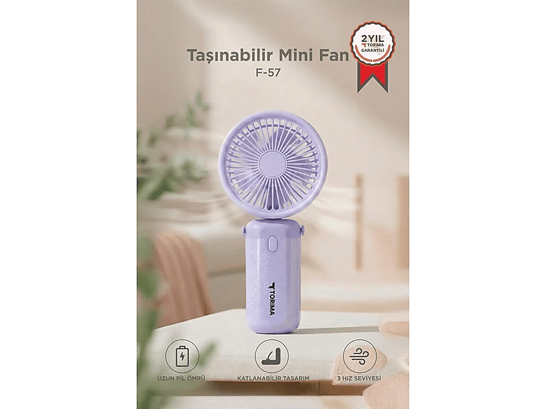 TORIMA F57 Masaüstü Stantlı 3 Kademeli Taşınabilir Mini Fan Şarjlı El Vantilatörü Mor