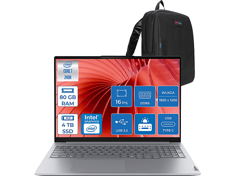 LENOVO ThinkBook 16 G8 DDR5 WUXGA IPS 60Hz 21SH009GTXF24 Intel Core 7 240H 80 GB RAM 4 TB SSD 16 inç FreeDOS Laptop+Çanta Gri