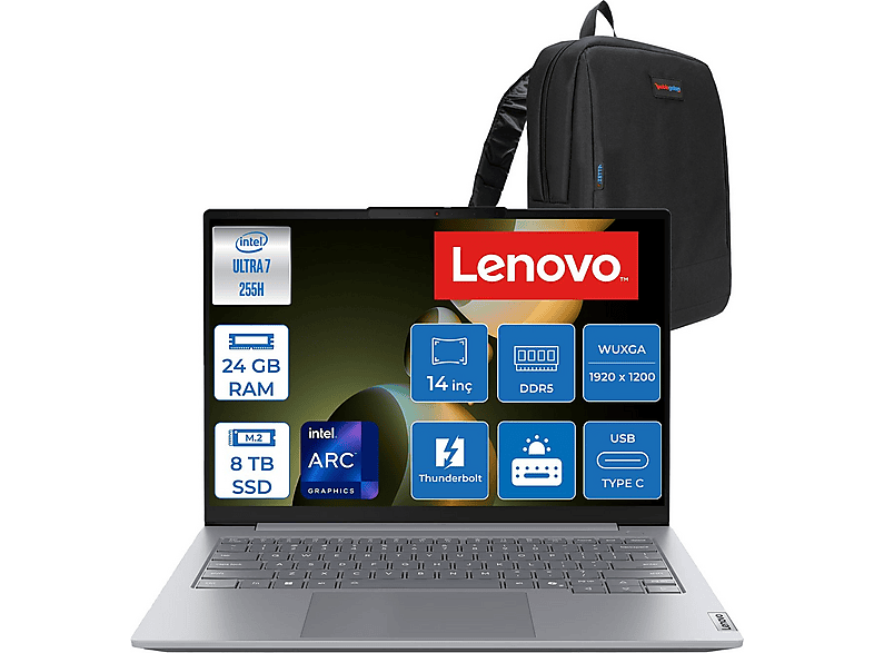 LENOVO ThinkBook 14 G8 IAL DDR5 WUXGA IPS 21SJ007ATXF14 Intel Core Ultra 7 255H 24 GB RAM 8 TB SSD 14 inç FreeDOS Laptop+Çanta Gri