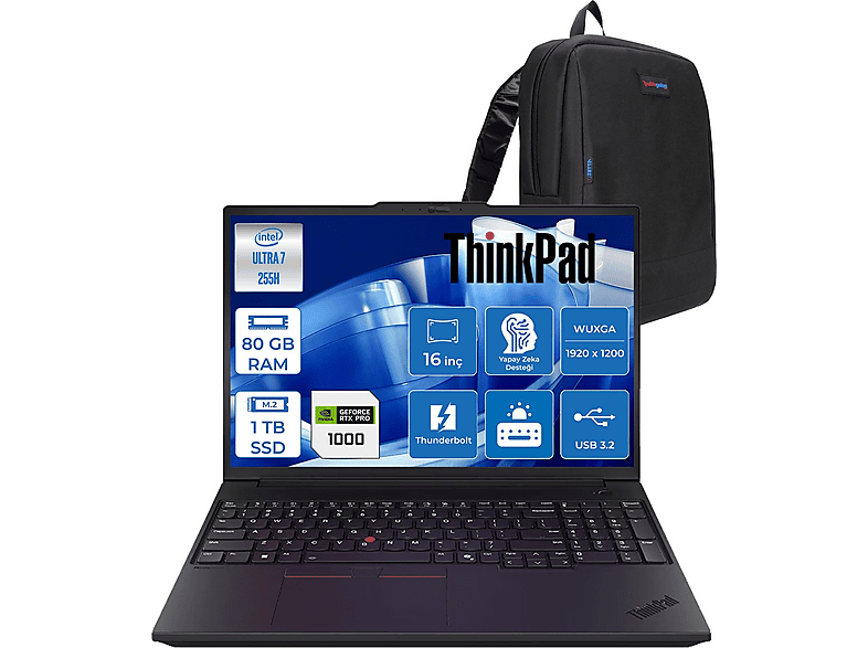 LENOVO ThinkPad P16V G3 8GB/RTX1000 21RS0006TXF39 Intel Core Ultra 7 255H 80 GB RAM 512 GB SSD 16 inç FreeDOS Laptop+Çanta Siyah