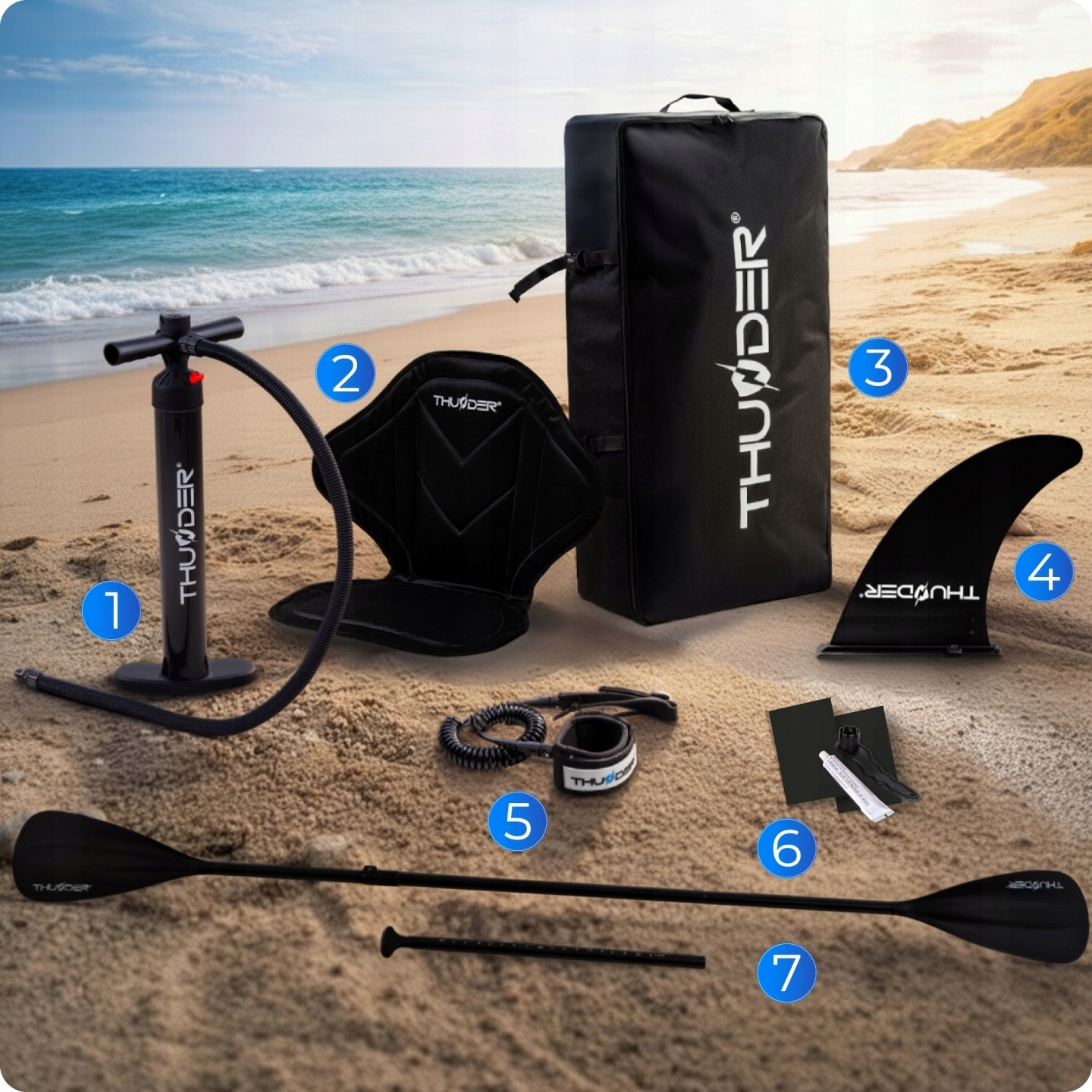 Akcesoria SUP na plaży: pompka, siedzenie, torba, płetwa, smycz, zestaw naprawczy, wiosło.