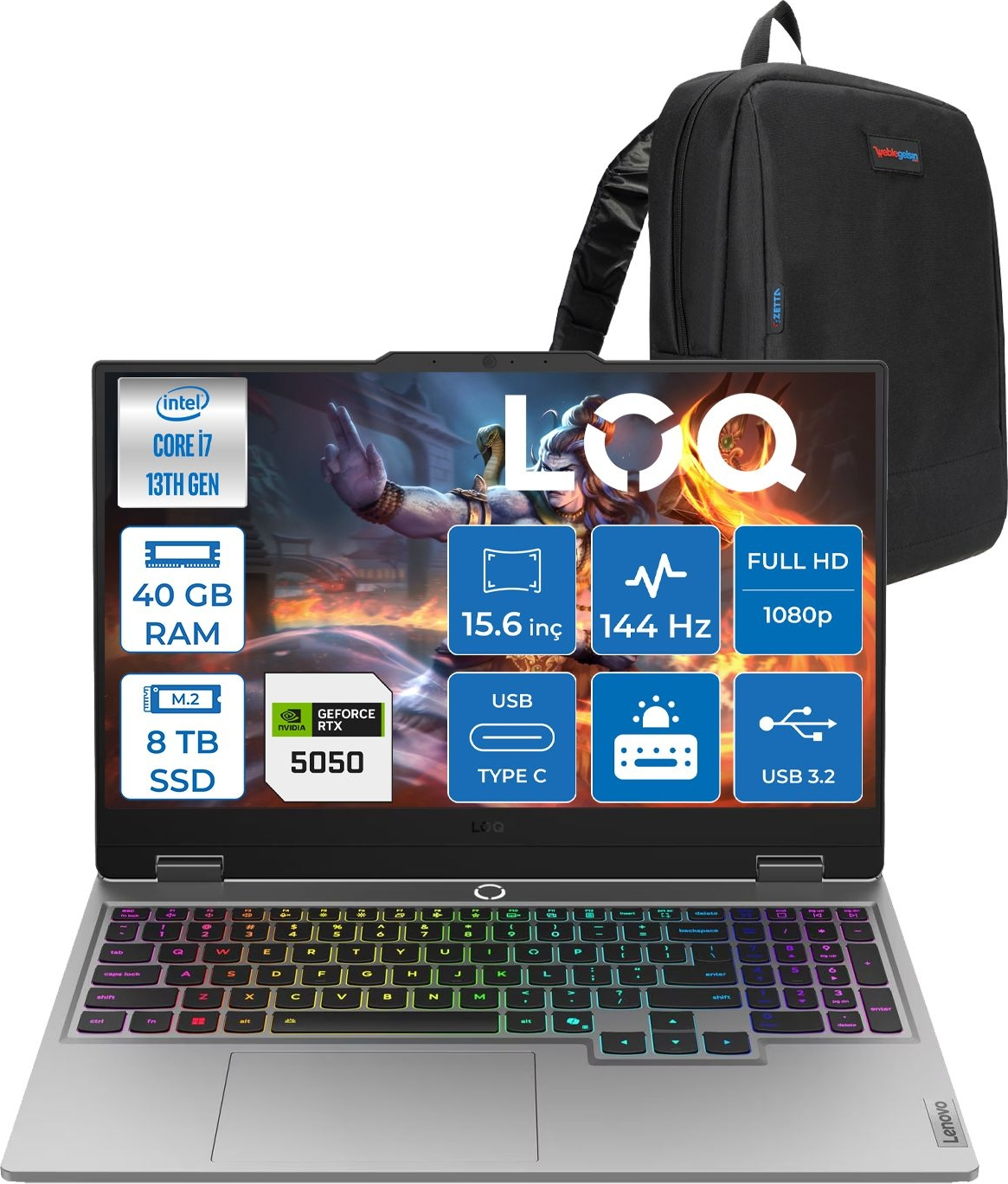 LENOVO LOQ 15IRX10 RTX5050 8GB IPS W83JE00KKTRF24 Intel Core i7-13700HX 40 GB RAM 8 TB SSD 15,6 inç FreeDOS Laptop+Çanta Gri