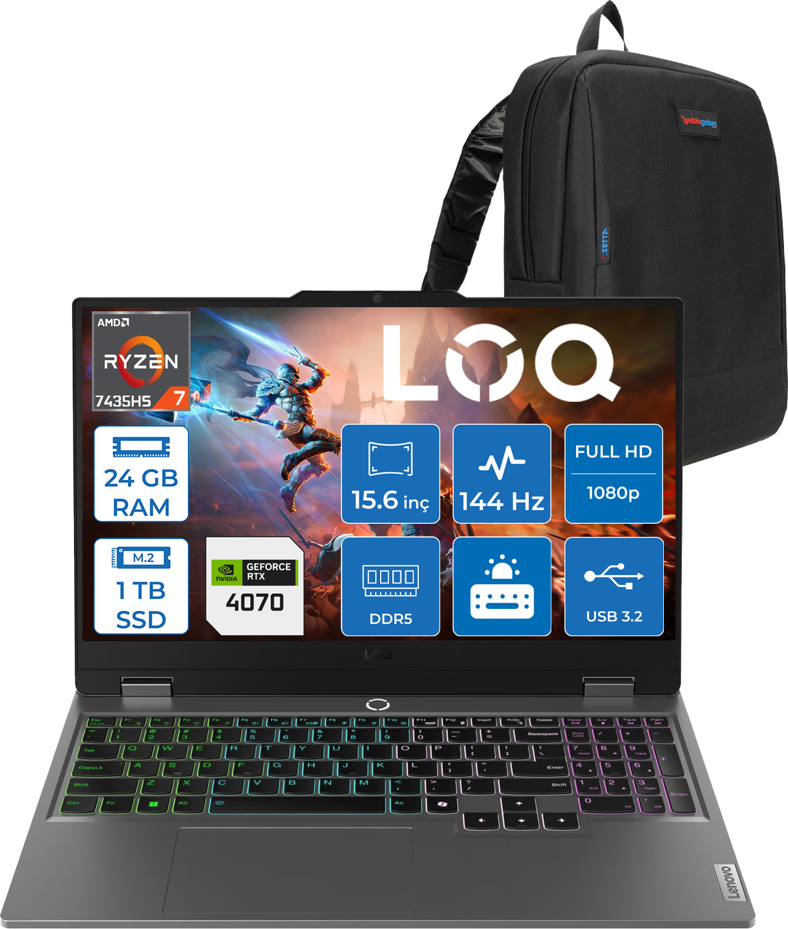 Ryzen 7, 24GB RAM, 1TB SSD, RTX 4070, 15,6" FHD 144Hz ekran ve sırt çantalı oyuncu dizüstü.