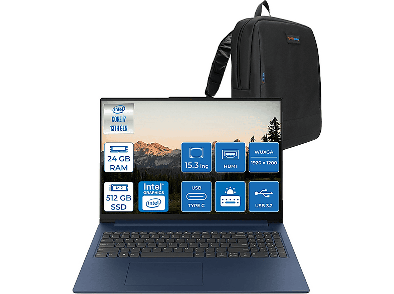 LENOVO Ideapad Slim 3 15IRH10 WUXGA  IPS 83K10061TRF06 Intel Core i7-13620H 24 GB RAM 512 GB SSD 15,3 inç FreeDOS Laptop+Çanta Mavi