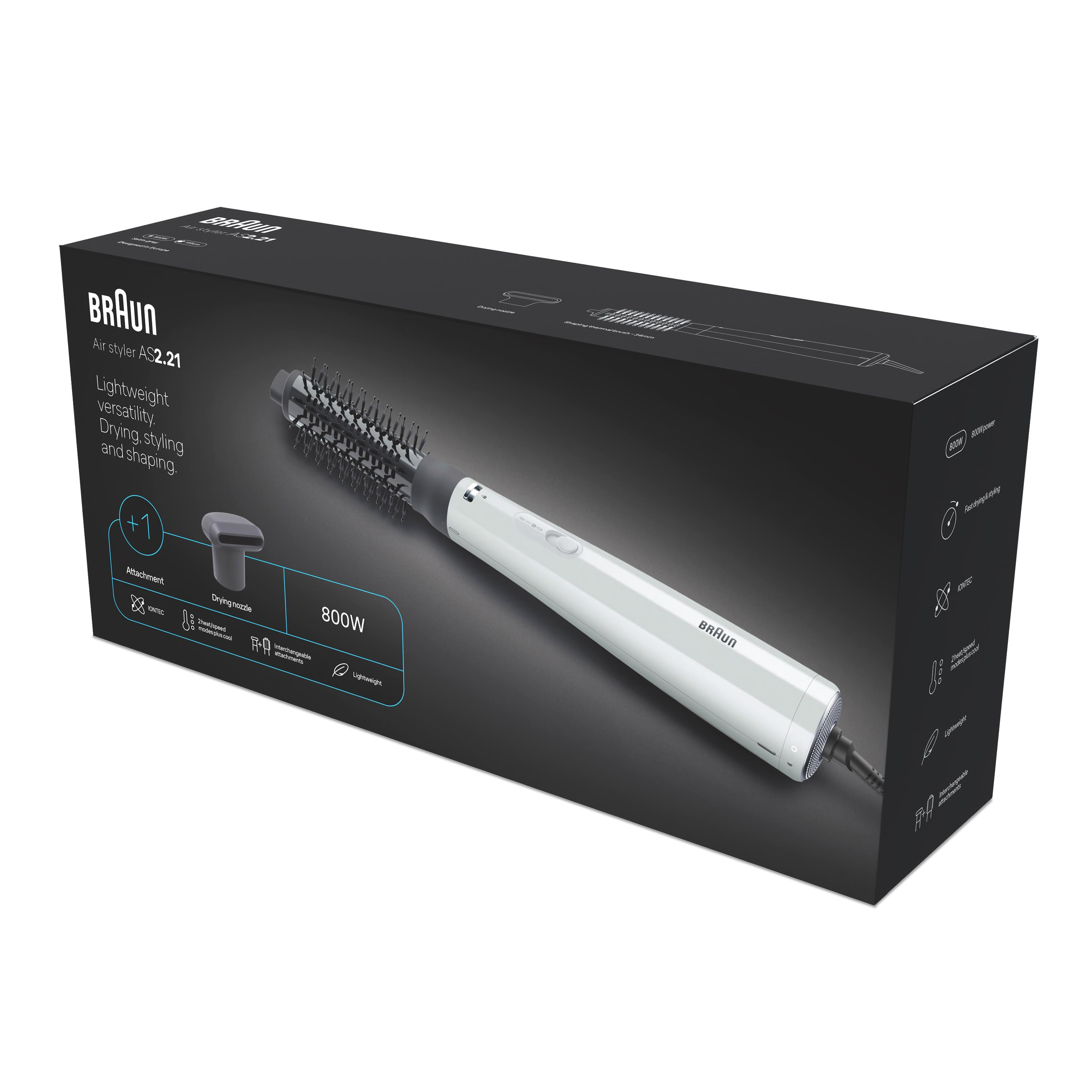 Braun Air Styler AS2.21 ürün resmi ve detayları olan siyah kutuda.