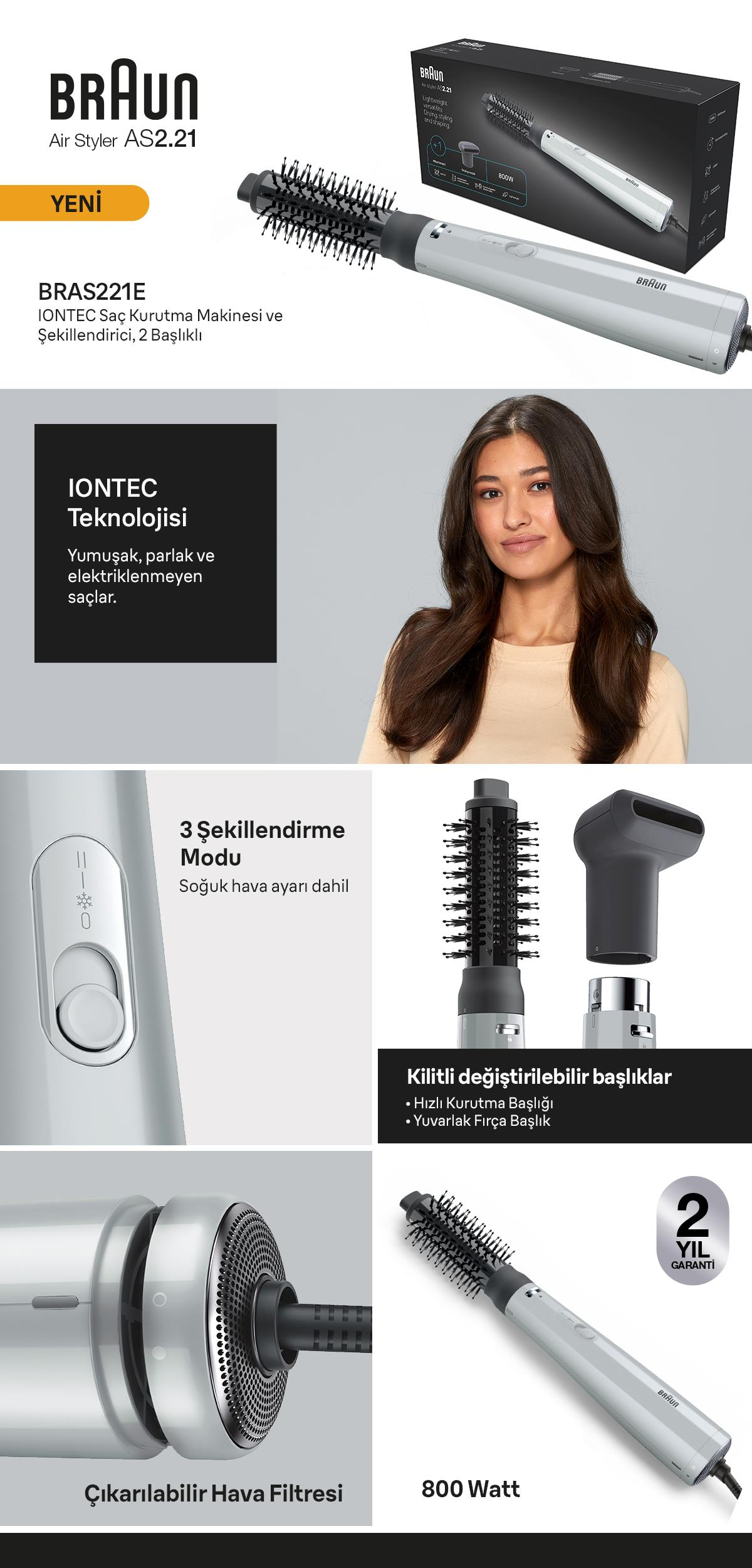 Braun Air Styler AS2.21 aksesuarlar, model ve dolgun saçlı kadın ile.