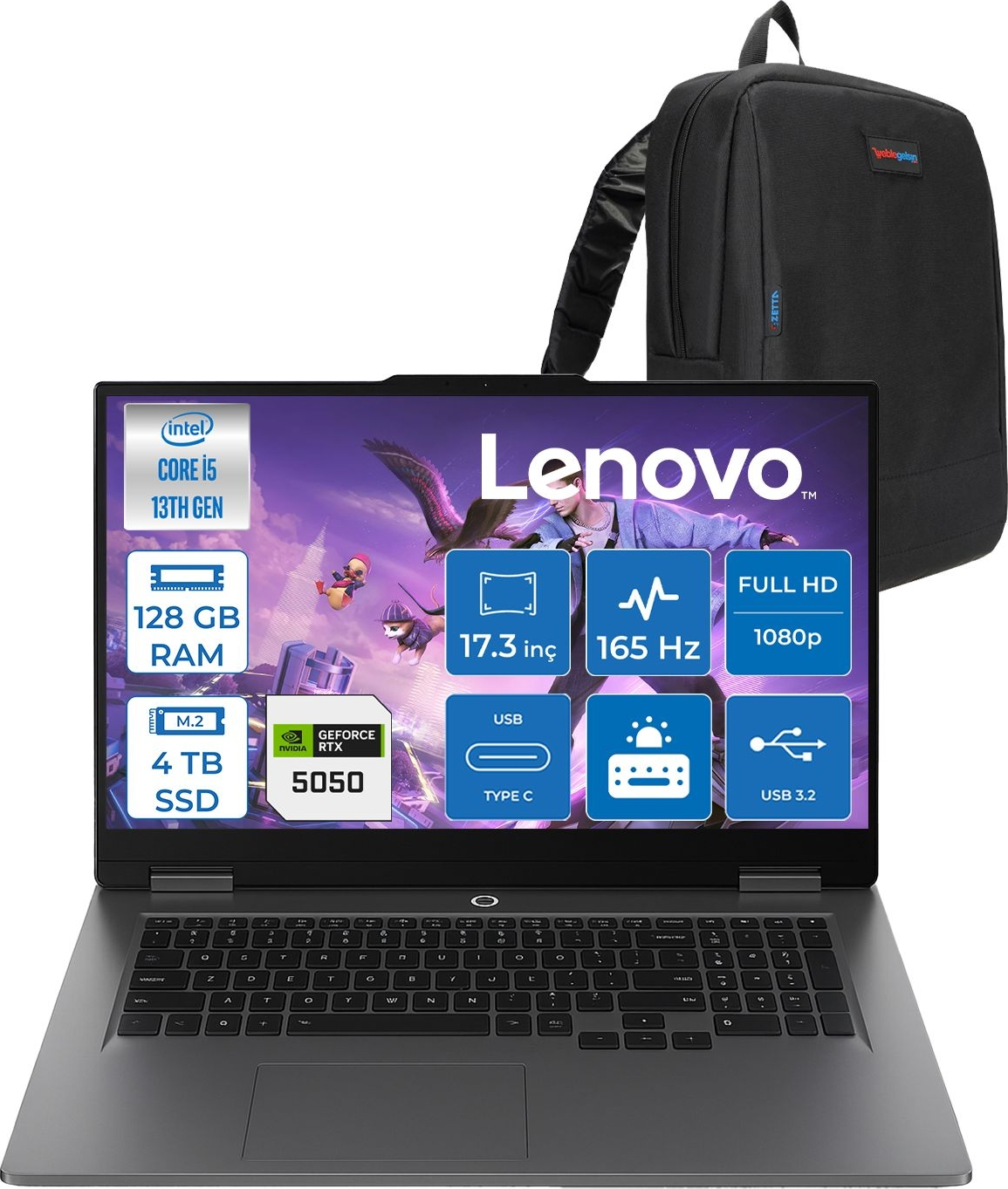 LENOVO LOQ 17IRX10 RTX5050 8GB FHD 165HZ W83JH0069TRF52 Intel Core i5-13450HX 128 GB RAM 4 TB SSD 17,3 inç FreeDOS Laptop+Çanta Gri