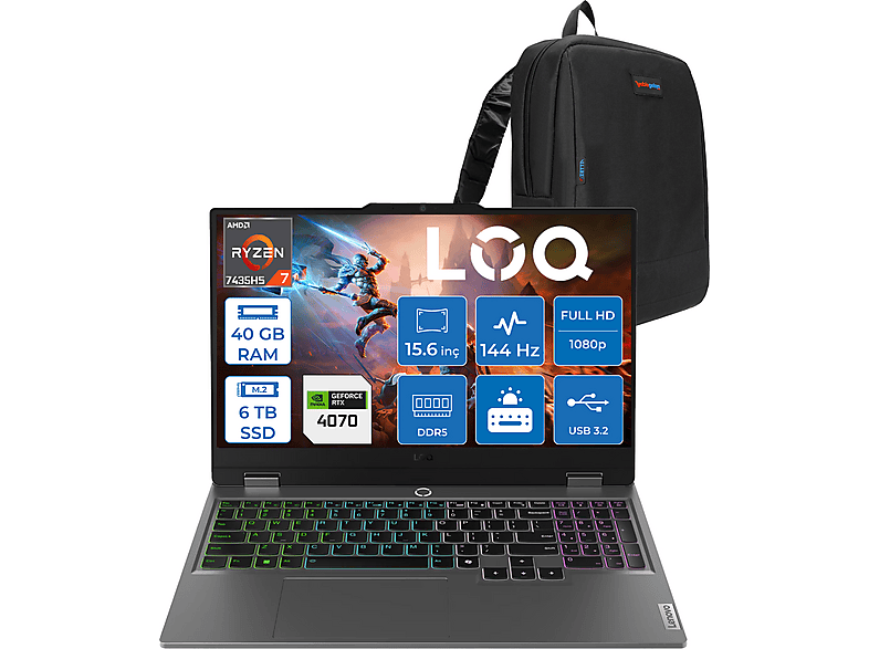 LENOVO LOQ 15ARP9 4070 8GB 115W FHD IPS 300NITS 144Hz 83JC00FGTRF27 AMD Ryzen 7 7435HS 40 GB RAM 6 TB SSD 15,6 inç FreeDOS Notebook Gri