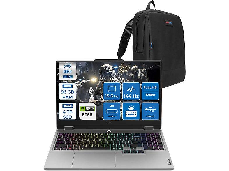 LENOVO LOQ 15IRX10 RTX5060 100W 144Hz 83JE00J5TRF46 Intel Core i7-13650HX 96 GB RAM 4 TB SSD 15,6 inç FreeDOS Laptop+Çanta Gri