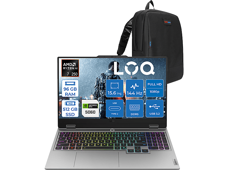 LENOVO LOQ 15AHP10 RTX5060 IPS 83JG006ETRF51 AMD Ryzen 7 250 96 GB RAM 512 GB SSD 15,6 inç FreeDOS Laptop+Çanta Gri