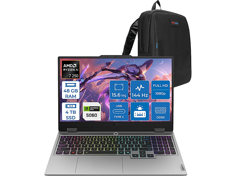 LENOVO LOQ 15AHP10 8GB/RTX5060/100W IPS 144Hz 83JG0055TRF20 AMD Ryzen 7 250 48 GB RAM 4 TB SSD 15,6 inç FreeDOS Laptop+Çanta Gri