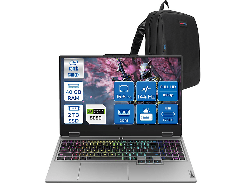LENOVO LOQ 8GB/RTX5050/100W FHD IPS 144Hz 15IRX1050F15 Intel Core i7-13700HX 40 GB RAM 2 TB SSD 15,6 inç FreeDOS Laptop+Çanta Gri