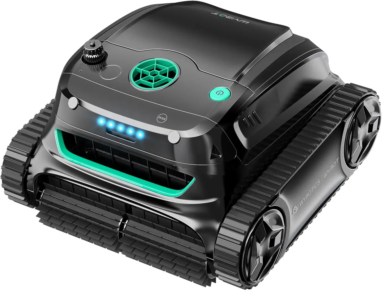 Czarny robot basenowy z zielonymi akcentami i gąsienicami, na białym tle.