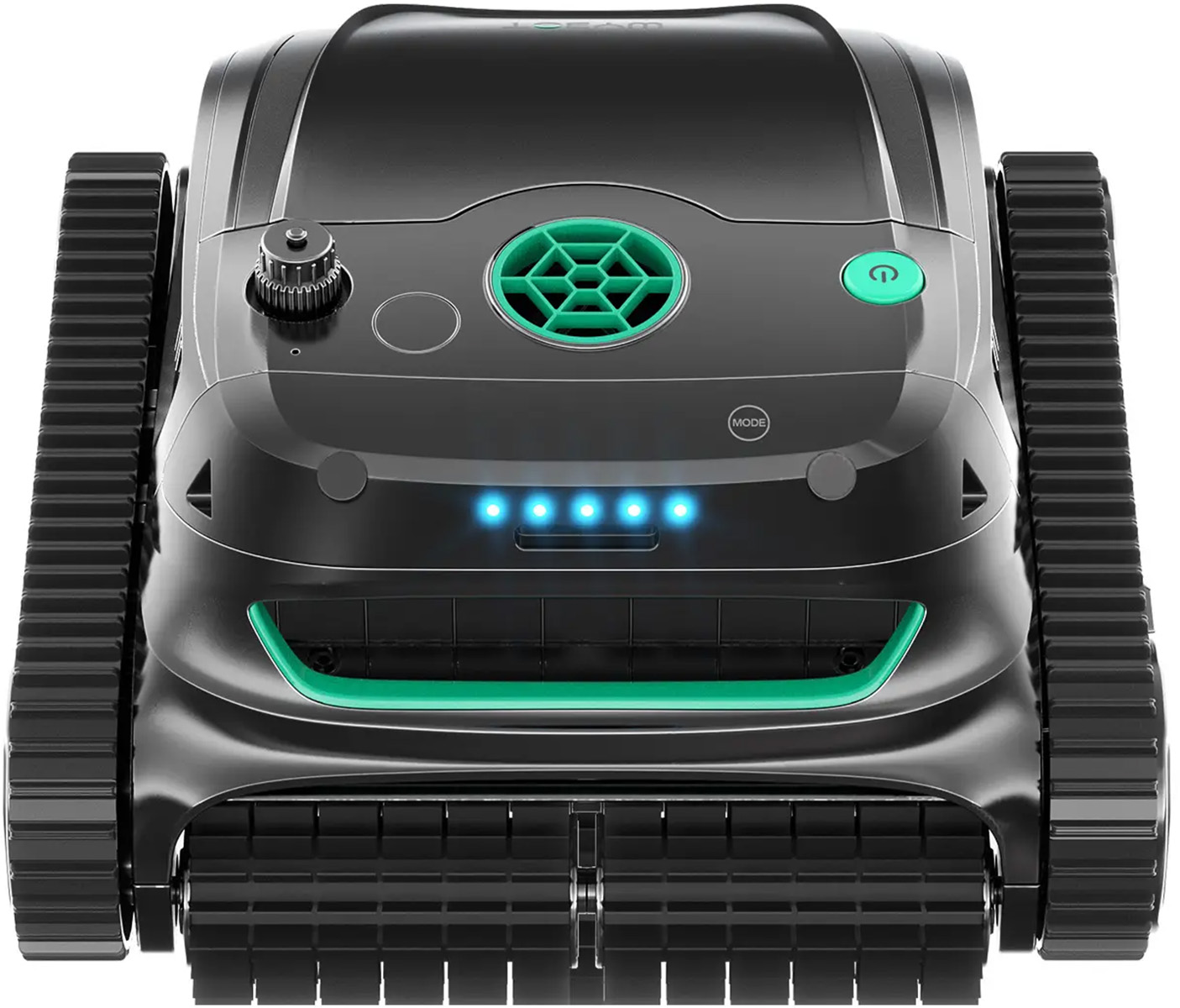 Czarny robot z zielonymi akcentami i gąsienicami na białym tle.