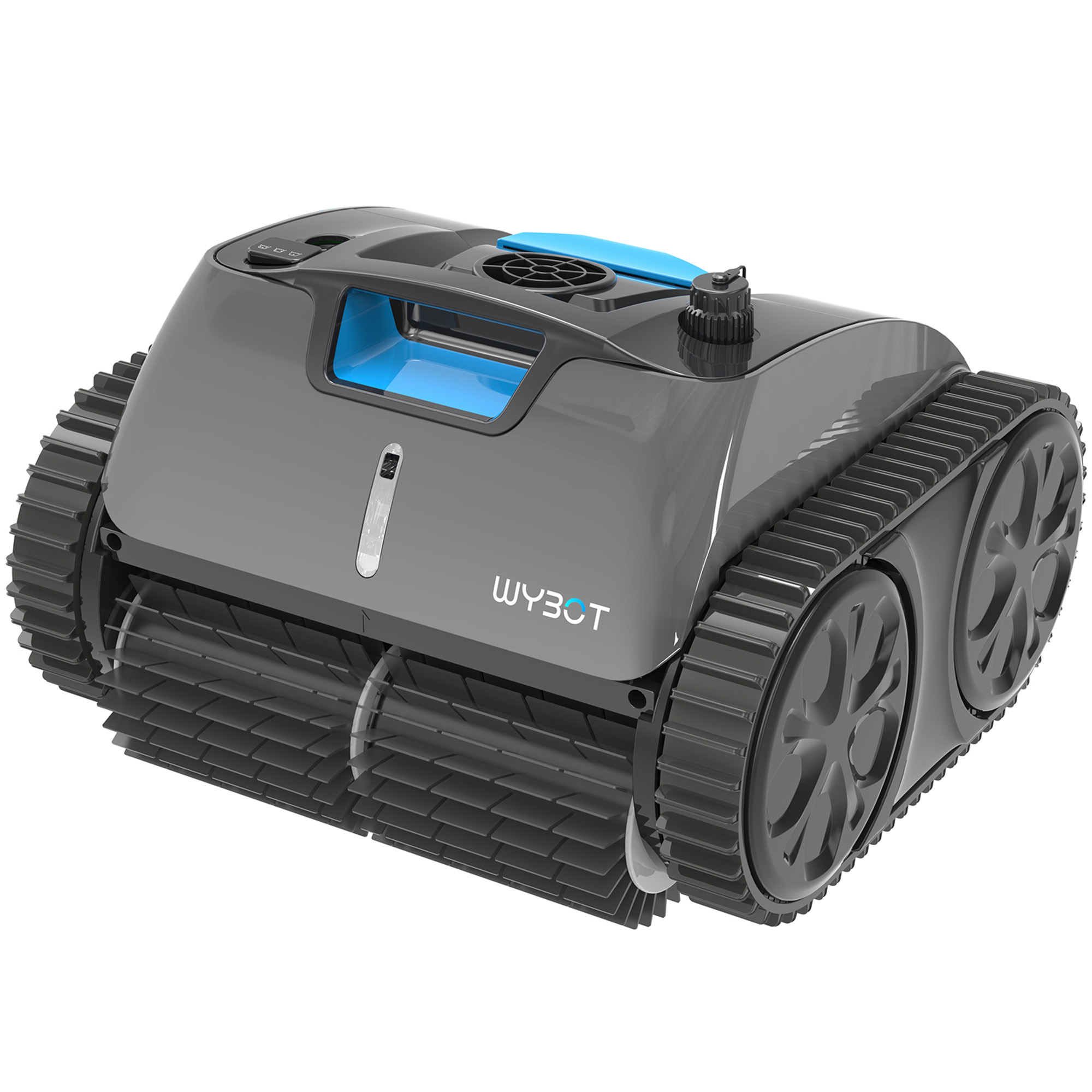 Szary robot basenowy z niebieskimi akcentami i gąsienicami.