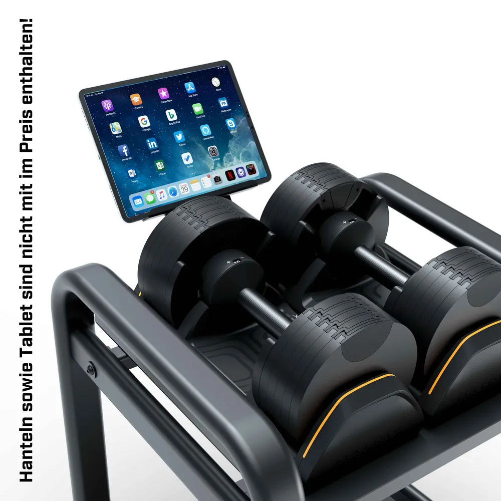 Verstellbare Hanteln auf einem Rack mit einem Tablet-Halter.