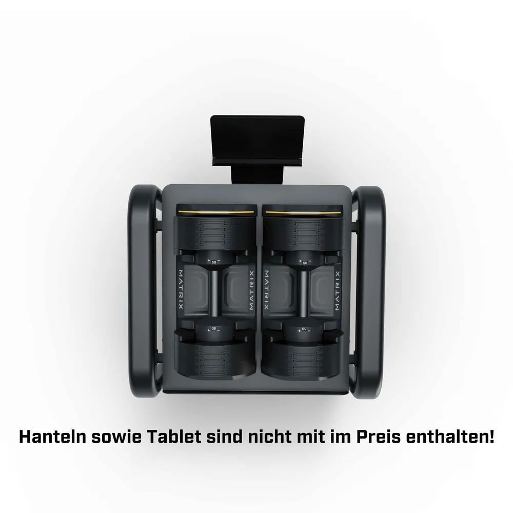 Zwei verstellbare Hanteln auf einem Ständer mit Tablet-Halterung.