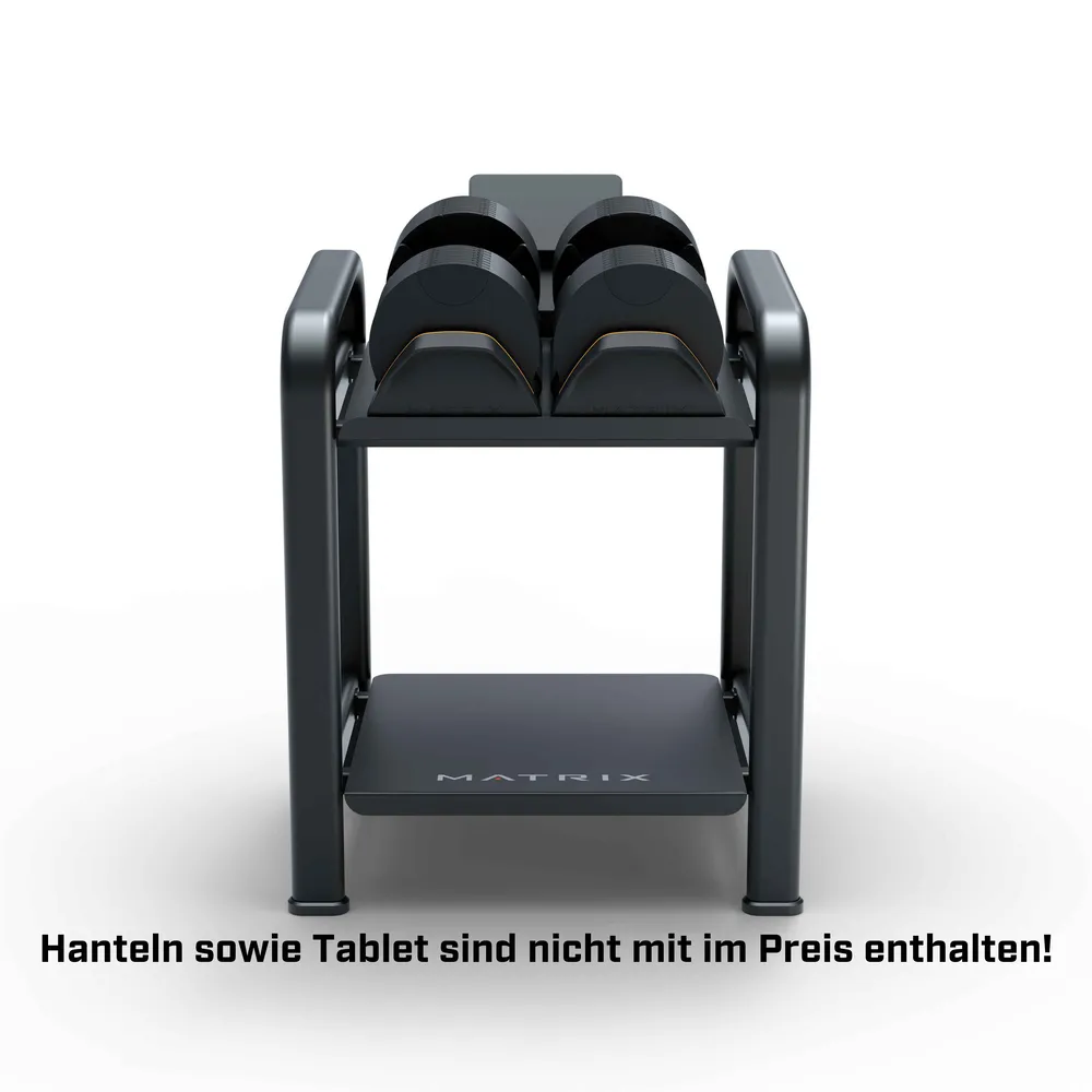 Ein schwarzes Hantelgestell mit Gewichten darauf.