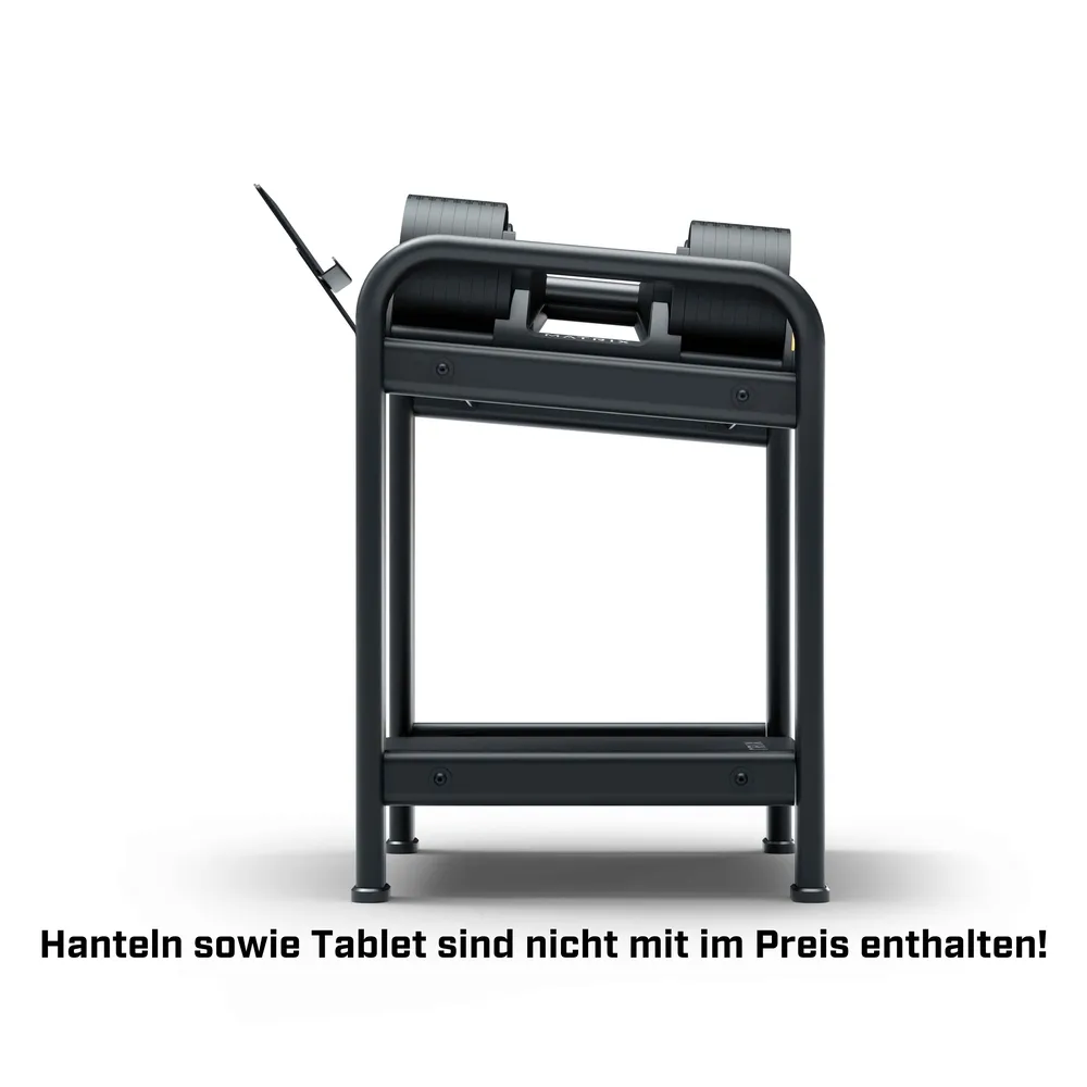 Ein schwarzer Hantelständer mit zwei Ablageflächen und einem Tablet-Halter.