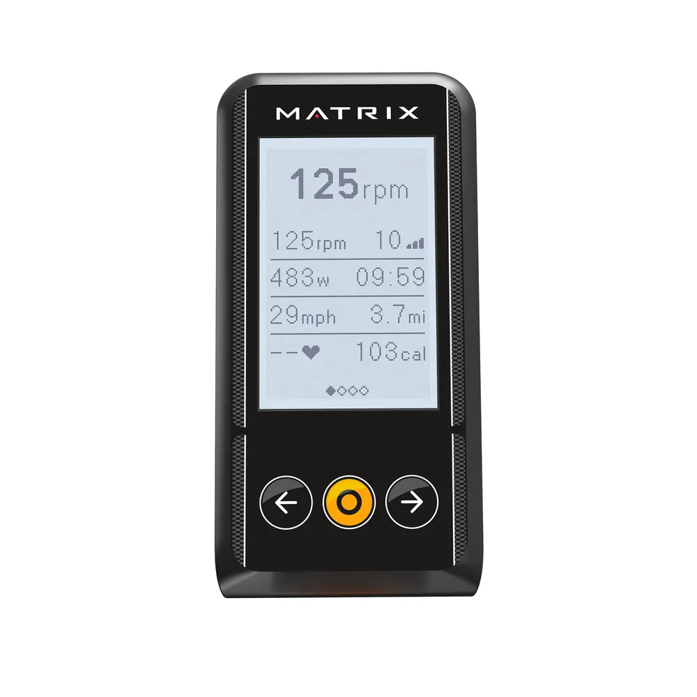 Ein Matrix-Trainingsdisplay zeigt 125 U/min, 483 W, 29 mph, 3,7 Meilen und 103 Kalorien an.